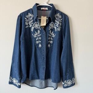 Solitaire Anthropologie Denim Floral Embroidered Button Down Shirt Blue Medium